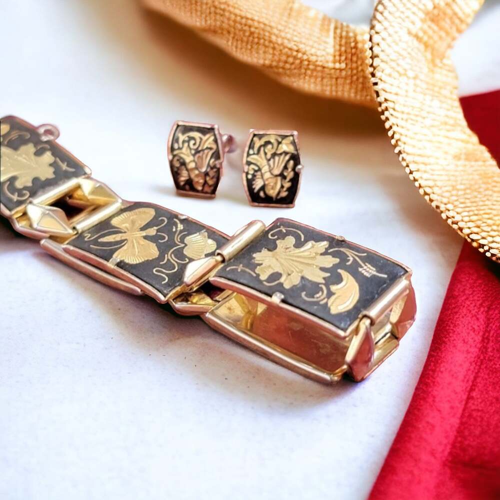Vintage Amita Japan Damascene Panel Bracelet Earrings Set Black Gold Inlay